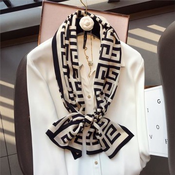 杭州絲綢2024春秋新款經典字母桑蠶絲雙縐絲巾女真絲圍巾飄帶領巾