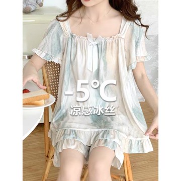 睡衣女夏季大碼冰絲流光短袖薄款網紅風甜美寬松胖mm200斤家居服