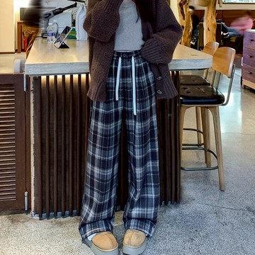 秋冬季復古格子加厚高腰毛呢寬褲