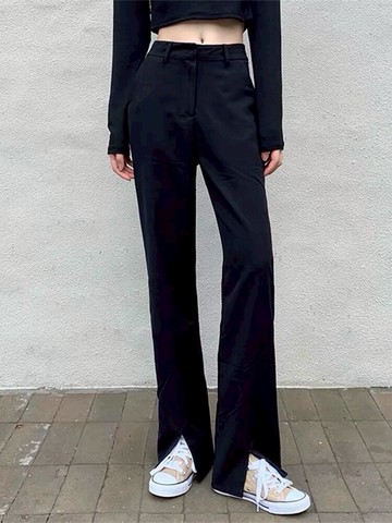 開叉西裝褲女長褲潮2021春夏闊腿高腰垂感拖地褲韓版休閑分叉褲子