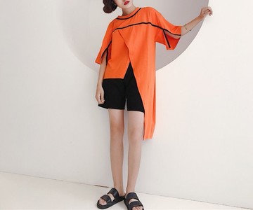 FINDSENSE韓國 拼接  不規則   開叉上衣  學生短袖T恤  造型長版T恤  GF