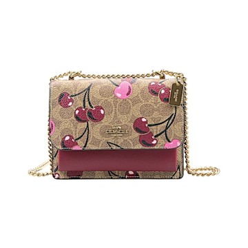 COACH Klare櫻桃印花棕褐色C LOGO PVC拼接酒紅色皮革內雙層鍊帶方型迷你小款斜背包