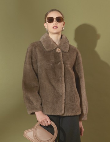 ★【喜芝梅】棉絨星雲 奢華高質感晶飾鈕扣仿貂毛皮草外套(兩色；M-L) 225720306