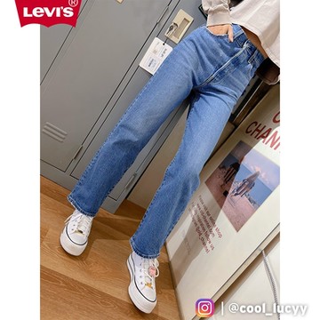 Levis 女款 Ribcage復古超高腰排釦直筒牛仔長褲 / 精工輕藍染刷白 / 彈性布料 / 及踝款