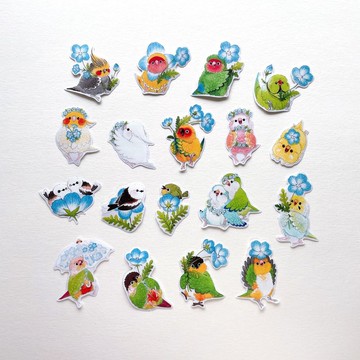 Rolia's 手作 【粉蝶花系列】鸚鵡/鳥/山雀 透明白墨防水貼紙