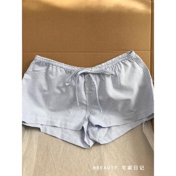 韓系簡約休閑條紋睡褲女夏季2024新款松緊高腰家居短褲可外穿大碼