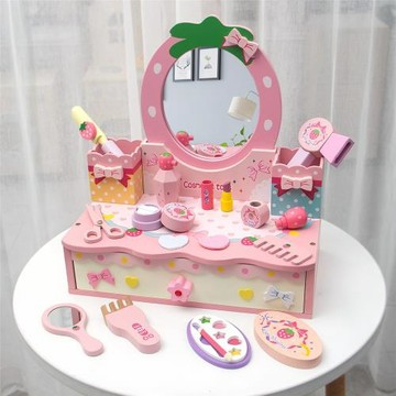 木制仿真化妝臺皇冠臺面梳妝臺女孩過家家兒童木質彩妝玩具套裝