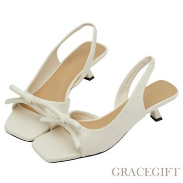 【Grace Gift】法式柔感蝴蝶結方頭細跟涼鞋 米白