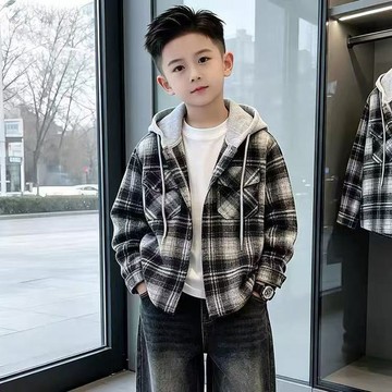 ❤️ATL❤️ 兒童加絨加厚外套 男童外套 兒童厚外套 男童秋冬裝加絨外套2026新款中大童襯衫男孩兒童格子連帽帥氣上