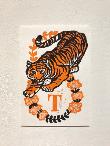 T is for Tiger - 手工版印明信片-老虎  (abc字母明信片)