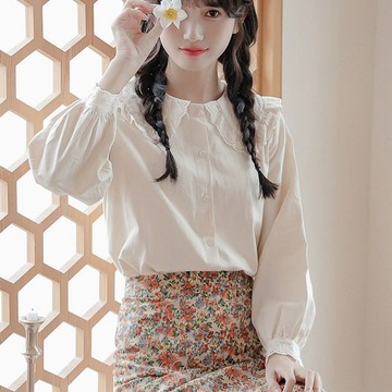 【PING'S🌞】 長袖 襯衫女 秋裝 新款 日係 甜美 娃娃領 上衣 學生 寬鬆 花邊 襯衣