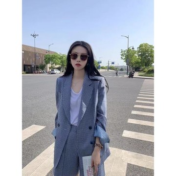 2025春夏新款韓版寬松休閑藍色格子西裝外套短褲時尚洋氣兩件套裝