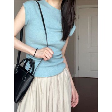 藍色正肩短袖t恤女夏2025新款半高領修身顯瘦氣質針織小飛袖上衣