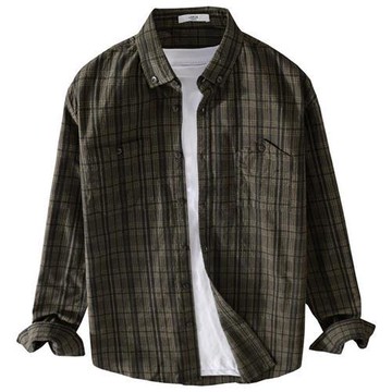 【米蘭精品】襯衫長袖上衣-日系文藝格紋純棉男裝2色74jt20