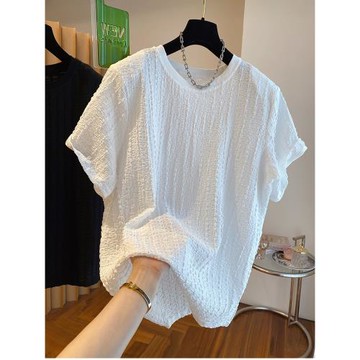 輕奢小眾設計感肌理感褶皺墊肩t恤女短袖寬松休閑洋氣小衫上衣夏