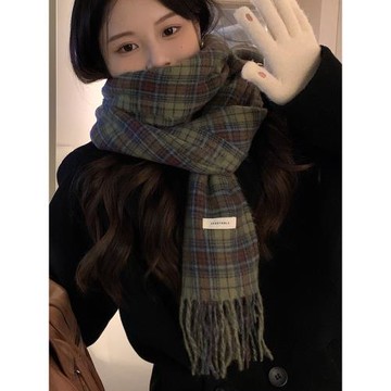 仿羊絨綠色格子圍巾女冬季流蘇韓版百搭保暖加厚披肩學生圍脖兩用