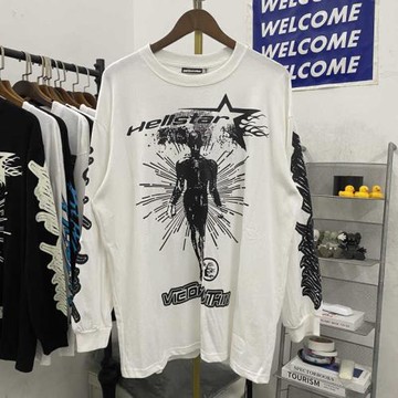 歐美潮牌地獄之星人體字母印花秋季薄款水洗嘻哈寬松長袖T恤男女