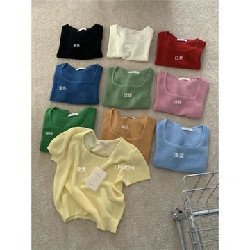 THE LEMON嫩黃色方領短袖女季法式簡約純色百搭小個子短款薄T恤夏