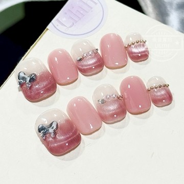 可隔日到貨！珍珠少女 純手工穿戴甲 ins風少女感貓眼甲 顯白百搭光療甲片 假指甲 指甲貼 穿戴甲 猫眼甲 甲片 美甲