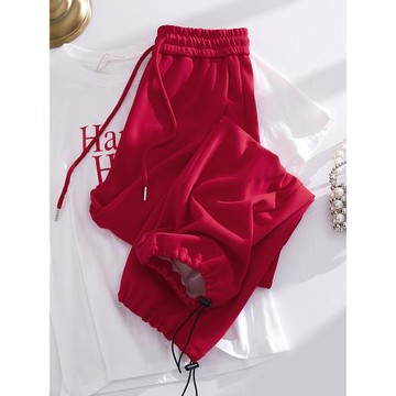 紅色運動褲女寬松束腳春秋2025新款直筒闊腿休閑顯瘦衛褲痞雅褲