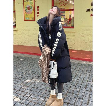 黑色中長款羽絨服女2025冬新款韓系休閑學院風加厚連帽白鴨絨外套
