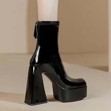 超高跟防水臺短靴女2025秋冬真皮黑色瘦瘦靴復古方頭粗跟馬丁靴