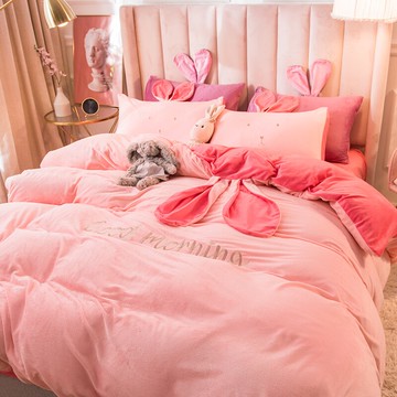 冬季雙面珊瑚絨法蘭絨四件套兔耳朵床上床單被套公主風三件套牛奶