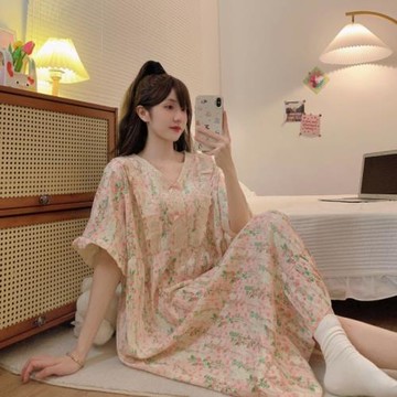 大碼寬松睡裙女夏季薄款胖MM甜美可外穿云朵棉家居服睡衣裙300斤
