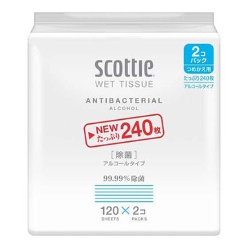 Scotty Wet Wipes, Disinfectant, Alcohol Type, 240 sheets (=120 sheets x 2 packs, refill)