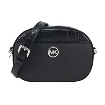 MICHAEL KORS JET SET GLAM鱷魚紋拼接拉鍊斜背圓餅包-小/黑銀35H3S8GC1L-09