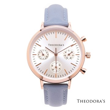 【Theodora's】Apollo 中性三眼真皮腕錶[小錶面] 三眼白-真皮灰藍