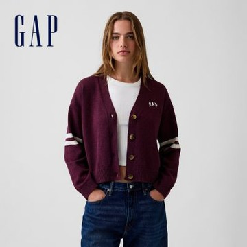 【GAP】100%純棉加大版Gap Logo開襟針織衫-深酒紅(910612)