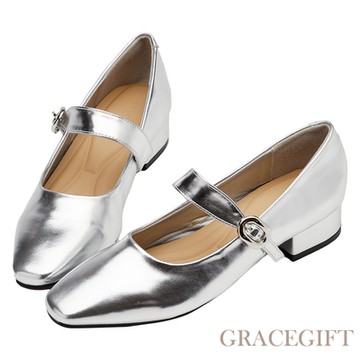 【Grace Gift】法式浪漫方頭一字帶芭蕾瑪莉珍鞋 銀