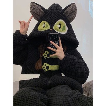 女生珊瑚絨黑貓睡衣三層夾棉家居服秋冬季天加絨加厚大碼毛絨套裝