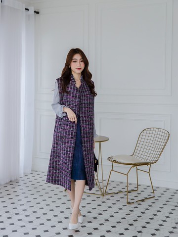 紫色都會毛料立領雙排釦長版背心外套