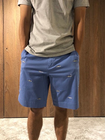 美國百分百【全新真品】Ralph Lauren 褲子 短褲 RL 滿版logo 休閒褲 海魚 電繡 男褲 藍色 J151