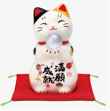日本製【薬師窯】瀨戶純手工彩繪滿願成就招財貓(兩手扶球)