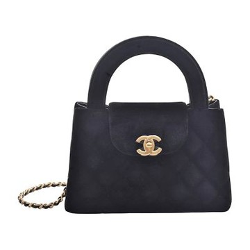 CHANEL 經典KELLY BAG仿舊雙C LOGO菱格紋天鵝絨布手提/斜背包(黑色)