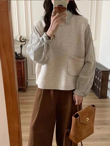 女士針織馬甲背心 2025秋冬圓領針織馬甲背心女秋季新款小個子疊穿寬松慵懶坎肩上衣