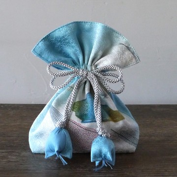 和服 絹 束口袋 招福 FUGURO 頂級 扇紋 絲綢