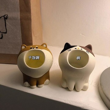 【可愛張嘴貓咪造型】貓咪筆筒 兔子筆筒 創意造型筆筒 質感筆筒 桌面擺件 辦公室擺設 學生收納 化妝刷架 牙刷架 可愛牙
