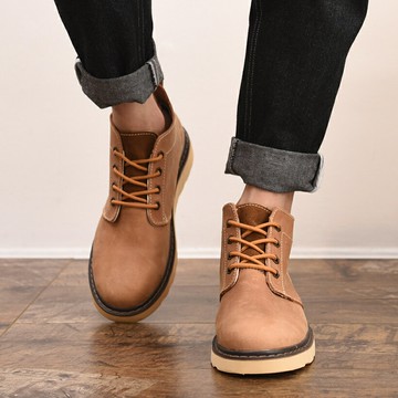 真皮馬丁靴圓頭復古工裝鞋中幫英倫風短靴皮鞋百搭男士高幫休閑鞋