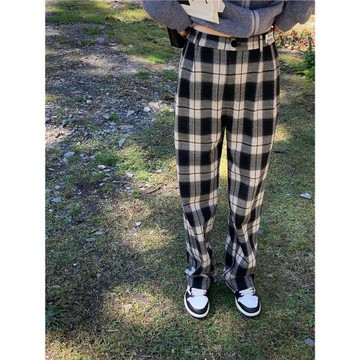 格子褲女2025秋冬新款黑白復古時尚高腰毛呢直筒褲休閑寬松闊腿褲