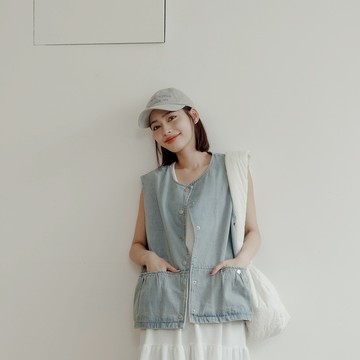 休閒牛仔雙口袋寬版背心罩衫 兩色售