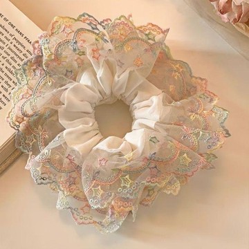 ✨臺灣出貨✨韓系甜美彩色刺繡星星花邊蕾絲網紗雙層大腸髮圈扎發頭繩髮飾女