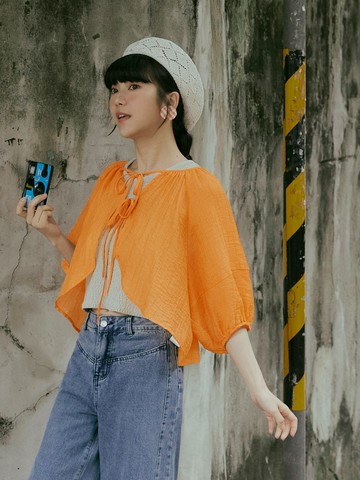 微透膚雙綁帶泡泡袖短版罩衫上衣