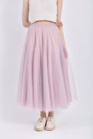 (S) 紡紗鬆緊腰粉紫色長裙