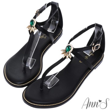 Ann’S孔雀綠寶石T字交叉平底涼鞋-黑