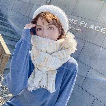 現貨-秋冬新款仿羊絨圍巾女韓版百搭加厚長款彩條圍脖披肩兩用