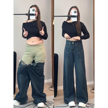 『ATC』 韓版胖MM大碼女裝 『40-90㎏可穿』S-4XL美式複古闊腿牛仔褲女鞦季大碼胖mm高腰寬鬆顯瘦梨形身材直筒